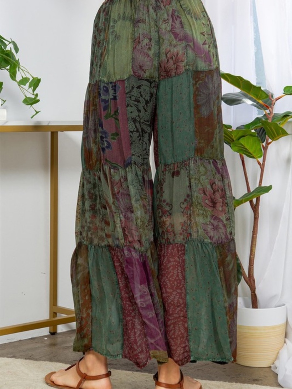 "The Kendra" Basil Retro Revival Long Flared Patchwork Pants - Picture 4 of 5